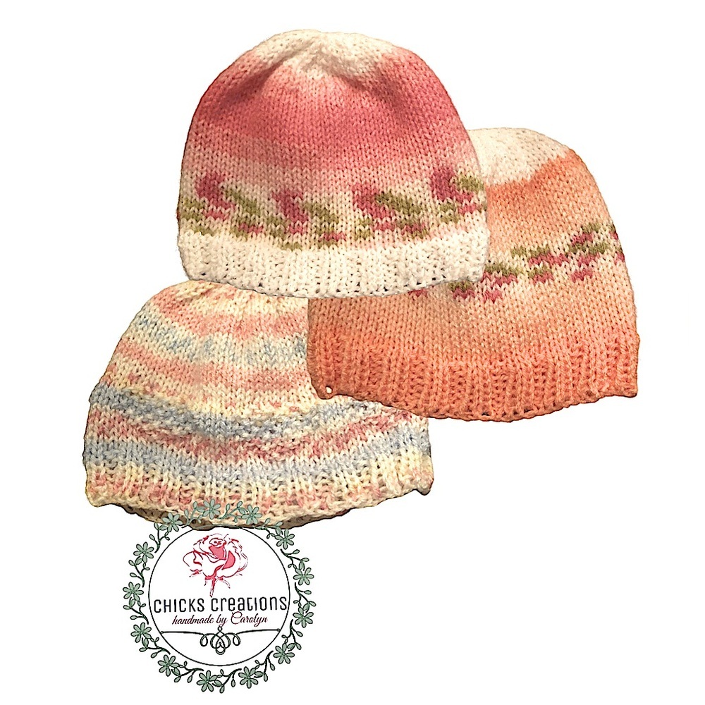 Hand Knit Patterned 3-pack Newborn Hats, one pink, one peach, one pink/blue NWOT